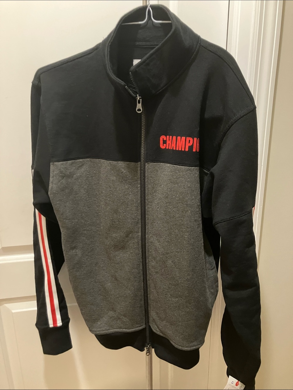 Champion Two-Tone Black and Gray Zip Jacket with Red Logo (Men)